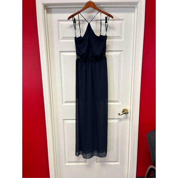 BCBGENERATION Navy Chiffon Black Lace Waist Halter Maxi Dress Gown sz 12 EUC - Picture 2 of 8